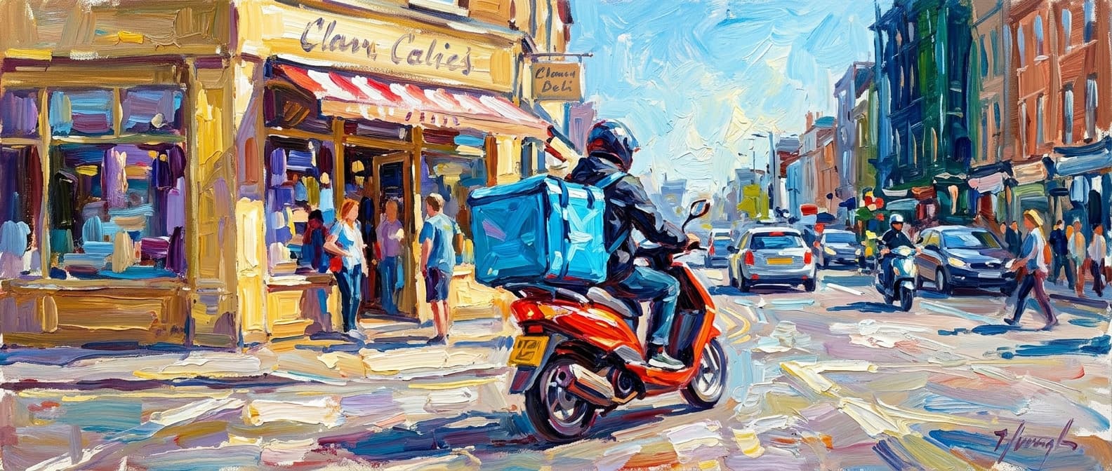 A delivery rider on a scooter setting off from a restaurant with a food bag