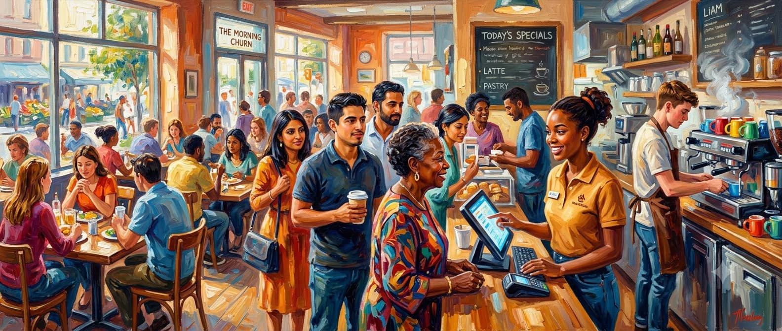 A new cashier ringing up an order at the till of a busy café
