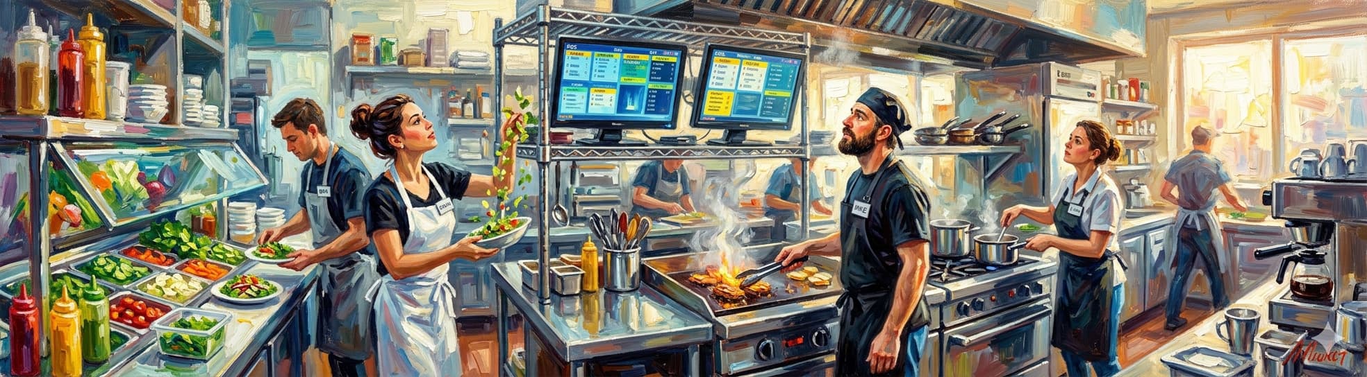 Kitchen screens above the pass showing live orders in a busy kitchen