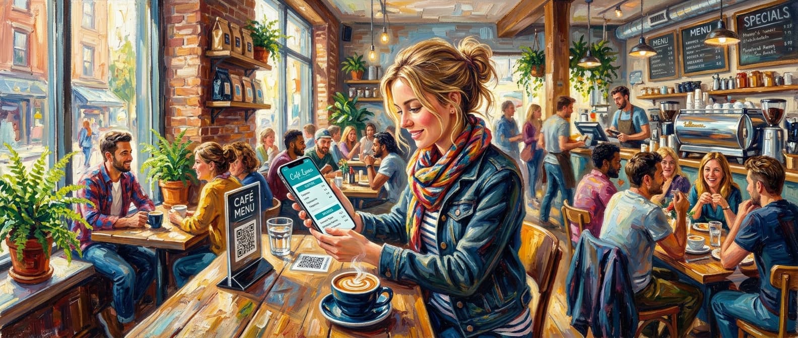 A customer at a café table scanning a QR code to order on their phone