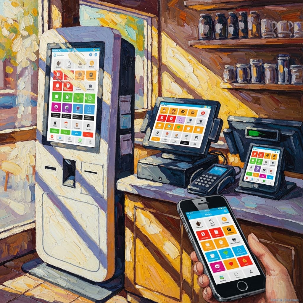 Aura order-entry devices — self-service kiosk, counter POS, tablet and phone
