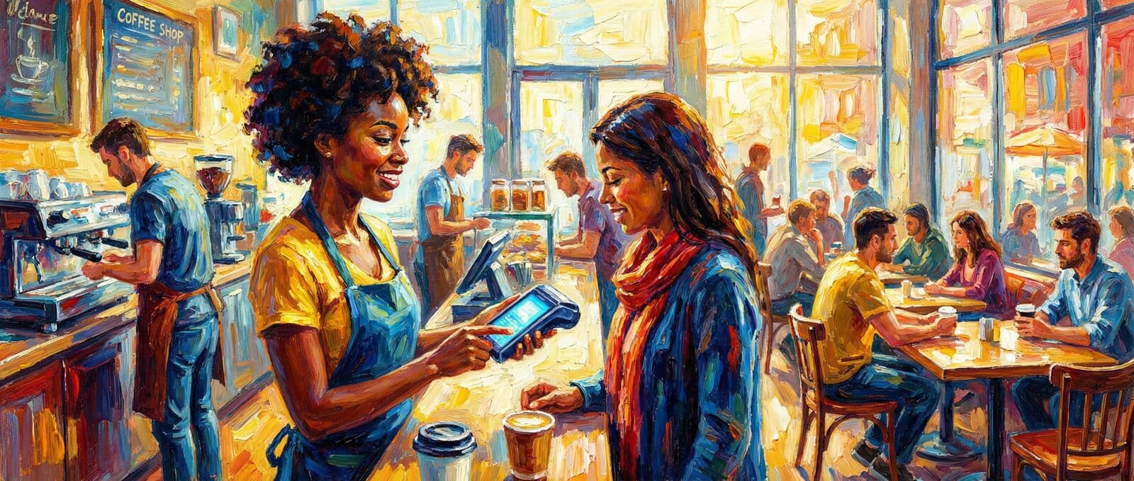 A customer paying by card at the counter of a busy café