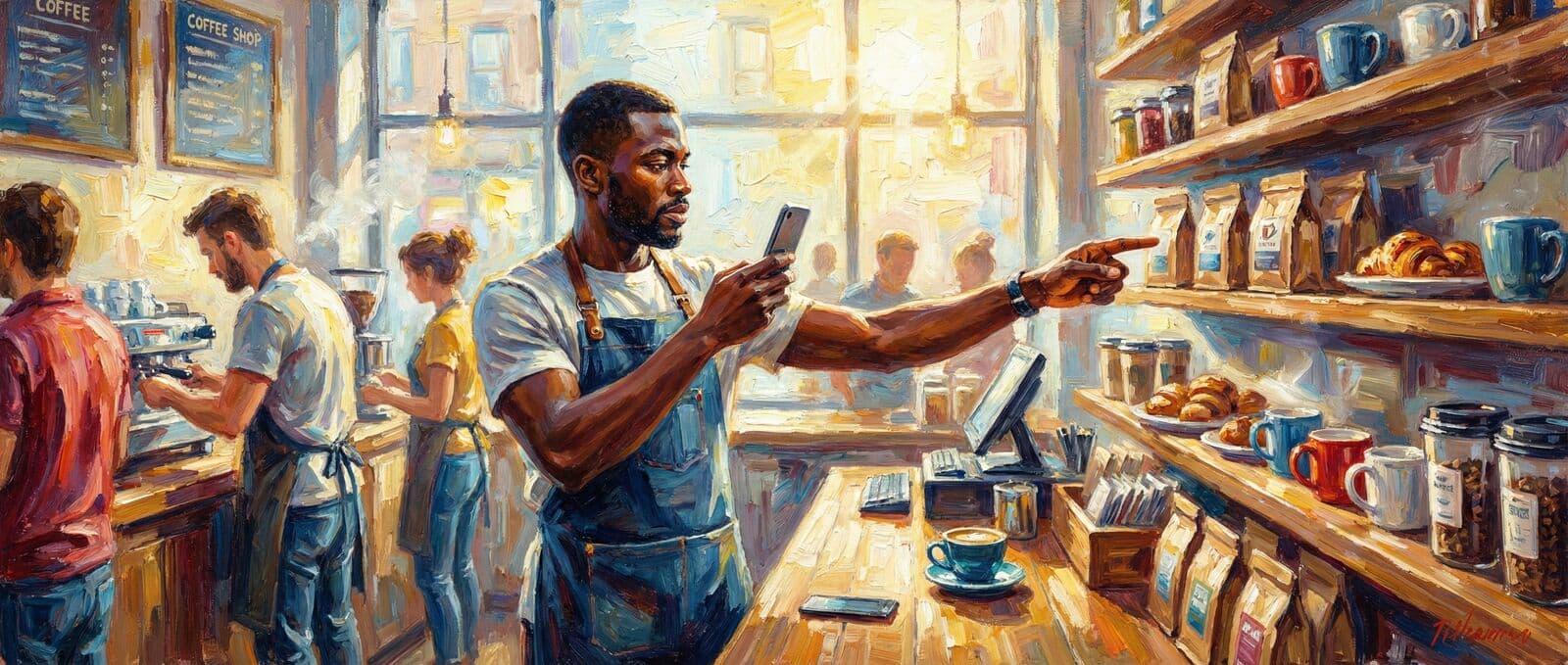 Restaurant manager using AuraMC companion app to manage stock from his phone