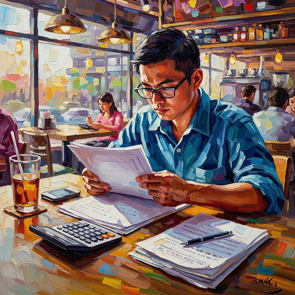 A manager reviewing figures with a calculator at a café table