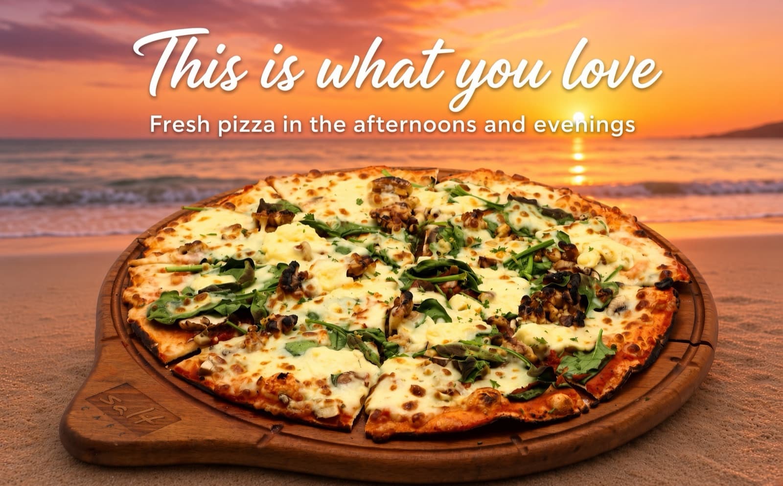 Salt Cafe pizza advert on the customer display: “This is what you love — fresh pizza in the afternoons and evenings”