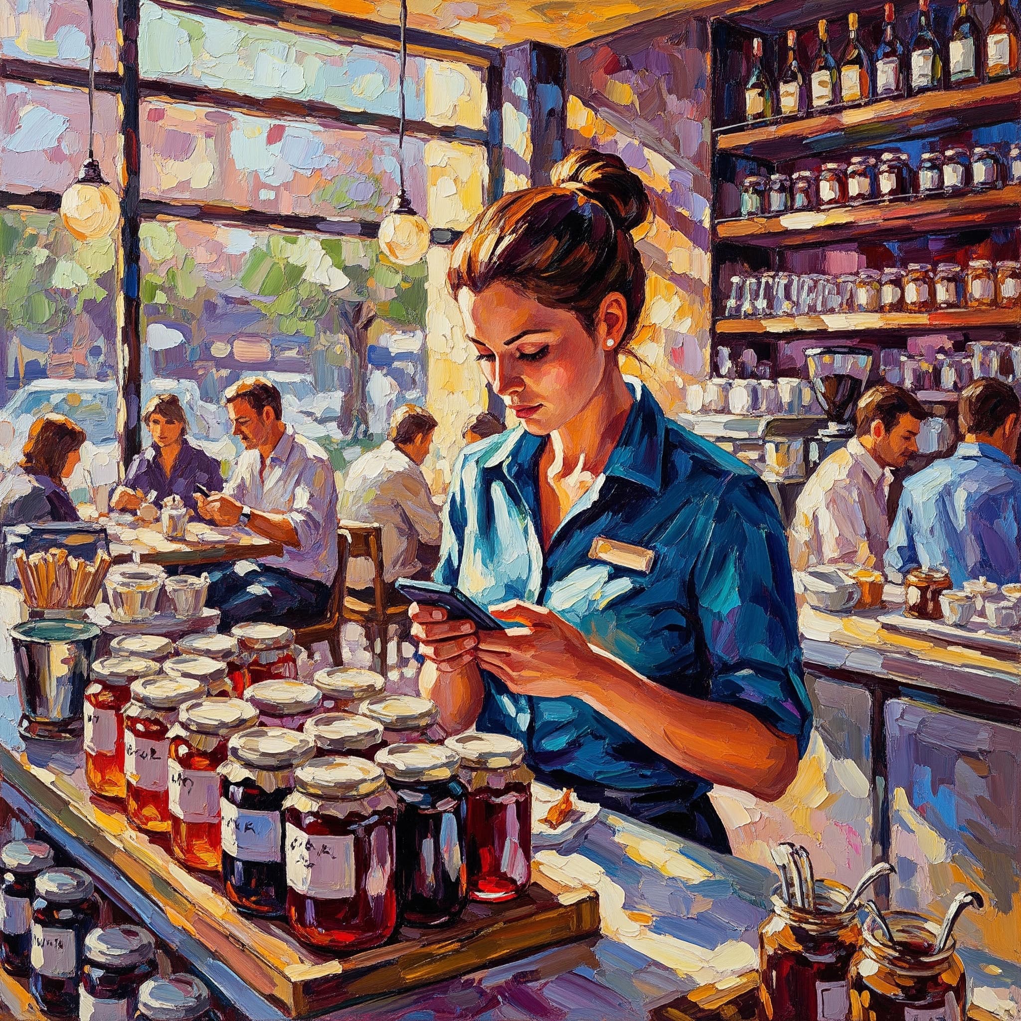 A manager counting stock by the shelves on her phone in a busy café